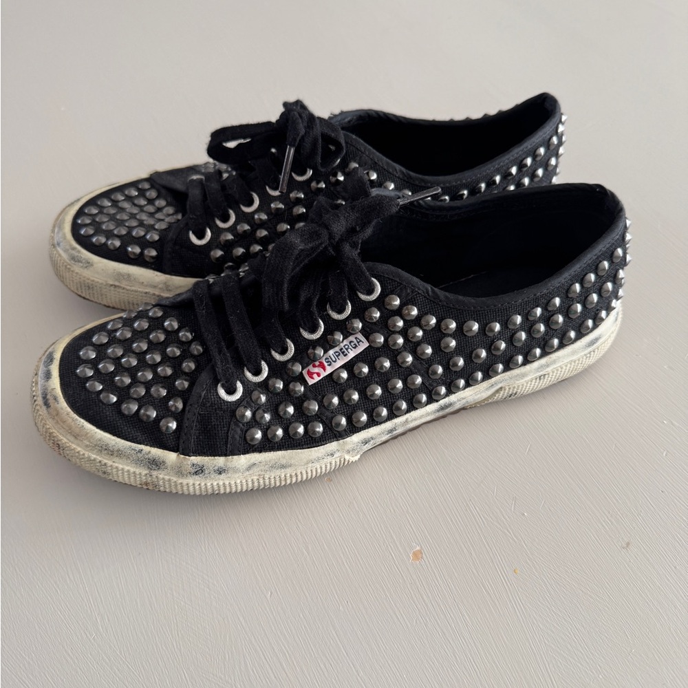 Superga Women's Black and Silver Studded Sneakers Size 41